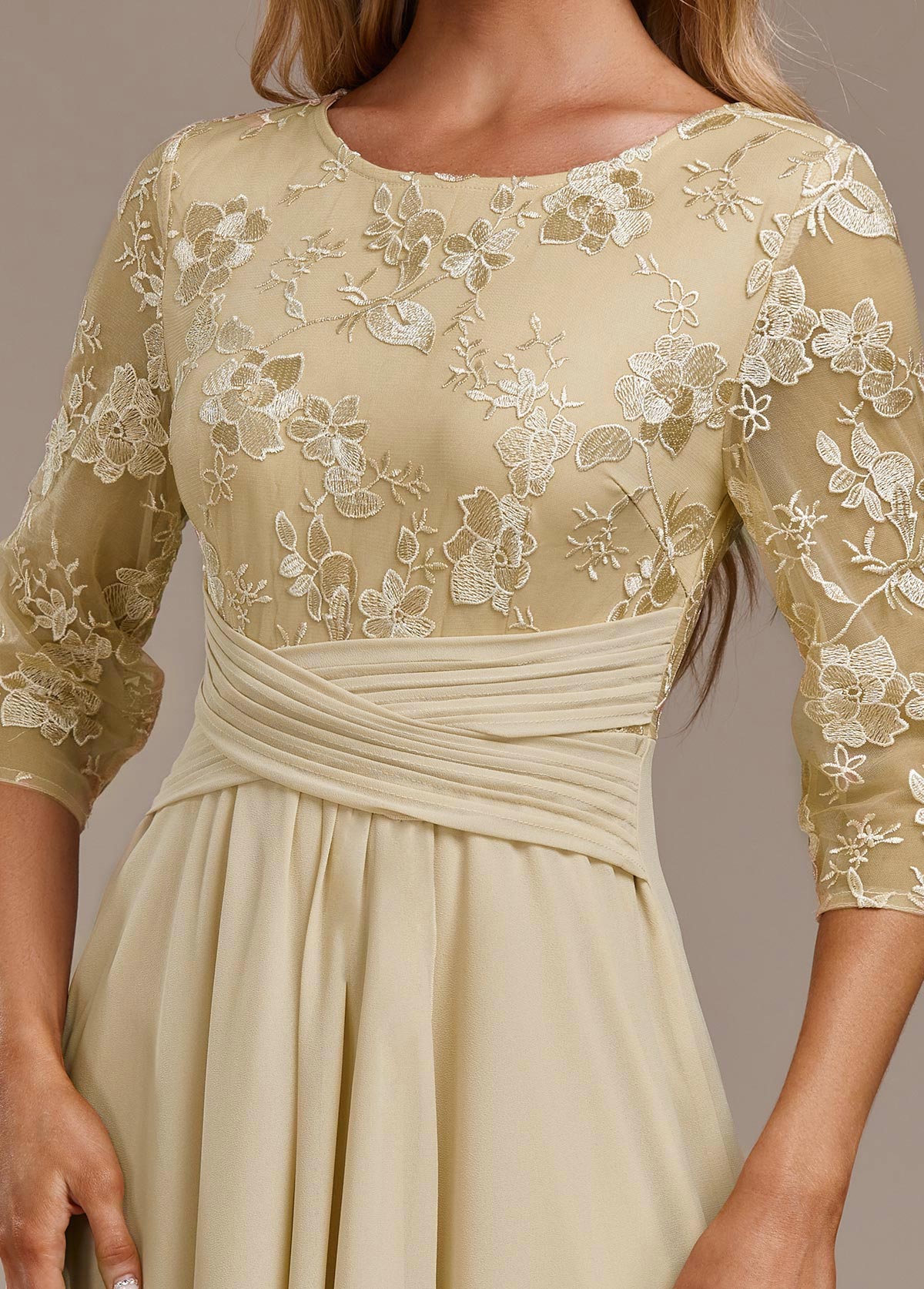 Karla™ | Champagne FLoral 3/4 Sleeve Round Neck Dress