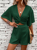 Sunny | Women's Two Piece Set Twist Crop Top Flutter Sleeve Shorts