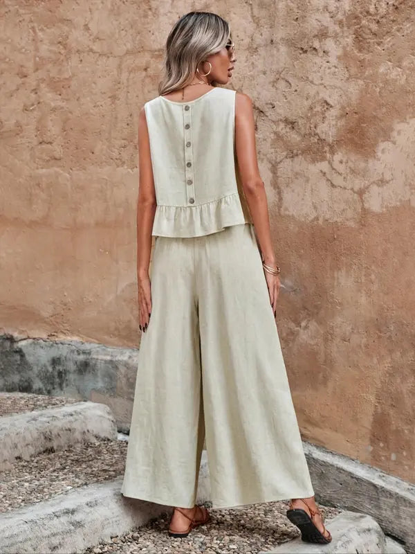 Sage | Women's Sleeveless Ruffle Top & Wide Leg Pants Set